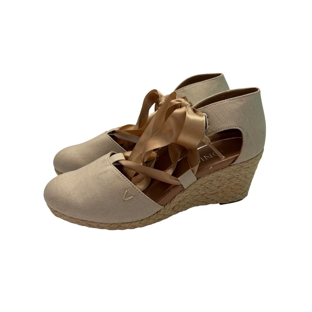 Vionic Kaitlyn Tan Canvas Ribbon Lace Up Espadrille Wedge Sandals Womens 7 Wide
